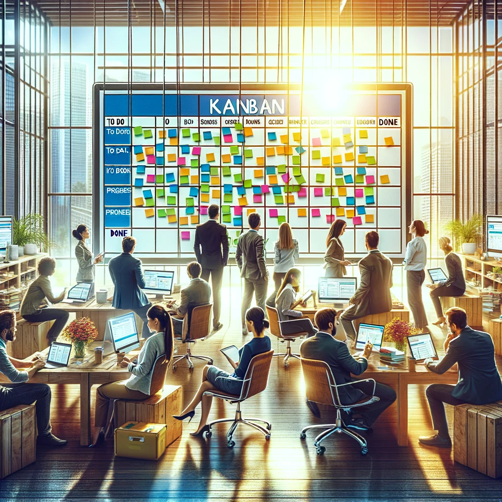 L'immagine rappresenta un team di specialisti IT che lavora in modo mirato con il metodo Kanban.